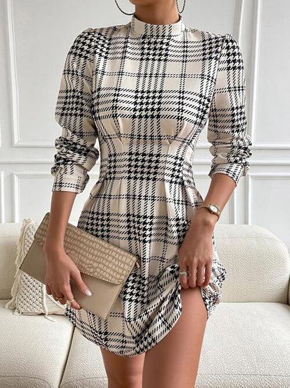 Dinner With The CEO Houndstooth Mock Neck Cinched Mini Dress