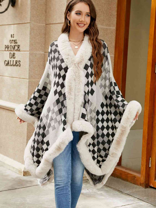 In Town For The Day Checkered Faux Fur Trim Poncho