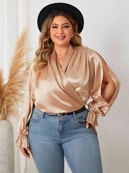Day Shopping With The Girls Plus Size Surplice Neck Flounce Sleeve Blouse