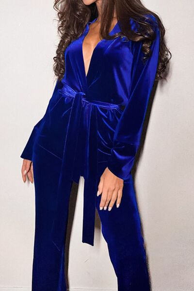 Feeling Blue Tie Front Long Sleeve Top and Pants Set