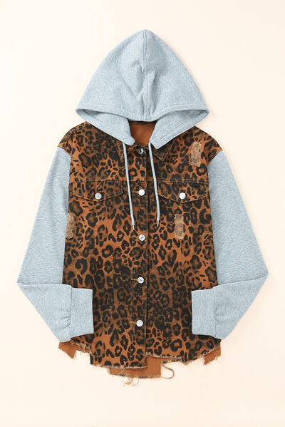 Leopard Me Crazy Distressed Drawstring Hooded Denim Jacket