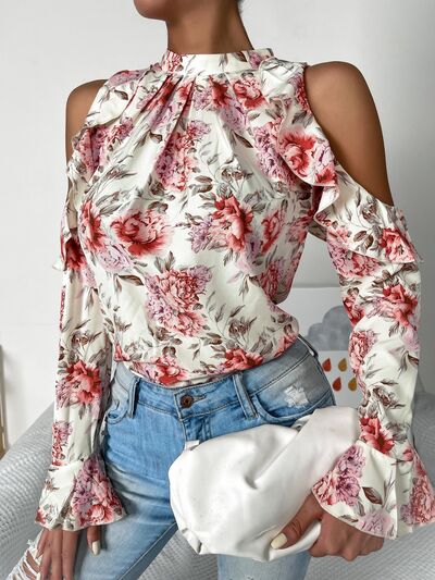 Day Date Floral Cold Shoulder Ruffle Trim Blouse