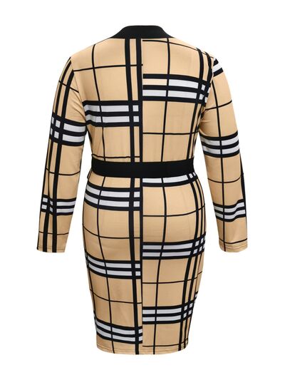 Plus Size Meeting In New York Plaid V-Neck Long Sleeve Wrap Dress