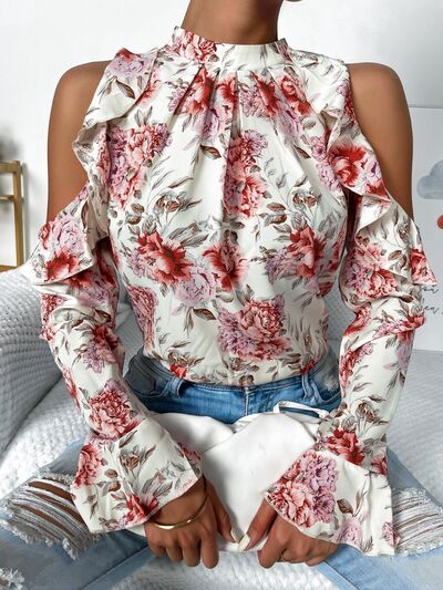 Day Date Floral Cold Shoulder Ruffle Trim Blouse