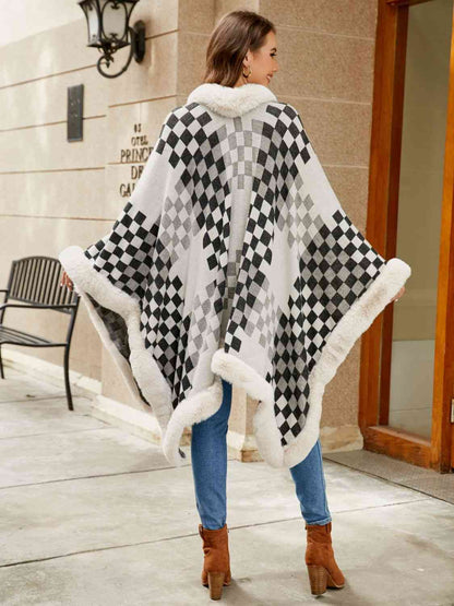 In Town For The Day Checkered Faux Fur Trim Poncho
