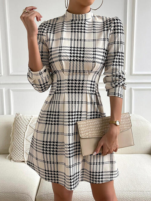 Dinner With The CEO Houndstooth Mock Neck Cinched Mini Dress