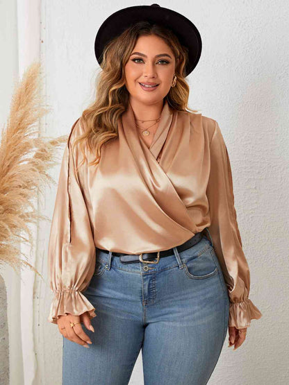 Day Shopping With The Girls Plus Size Surplice Neck Flounce Sleeve Blouse